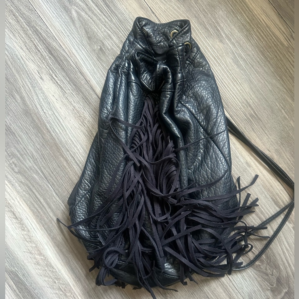 Billabong Black Leather Fringe Bucket Backpack